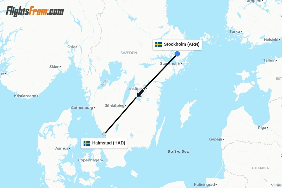Flights from Stockholm to Halmstad route map