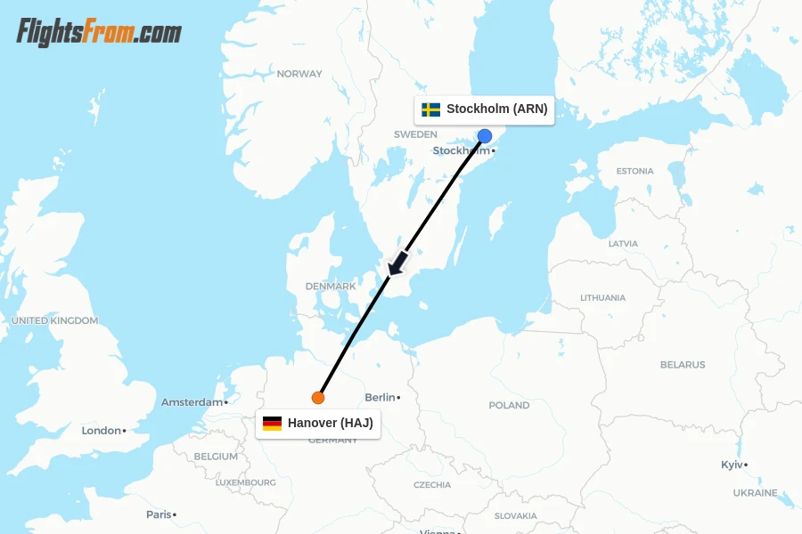 Flights from Stockholm to Hanover route map