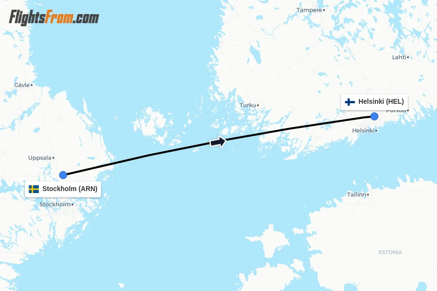 Flights from Stockholm to Helsinki route map