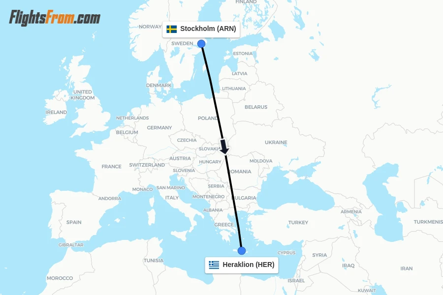 Flights from Stockholm to Heraklion route map