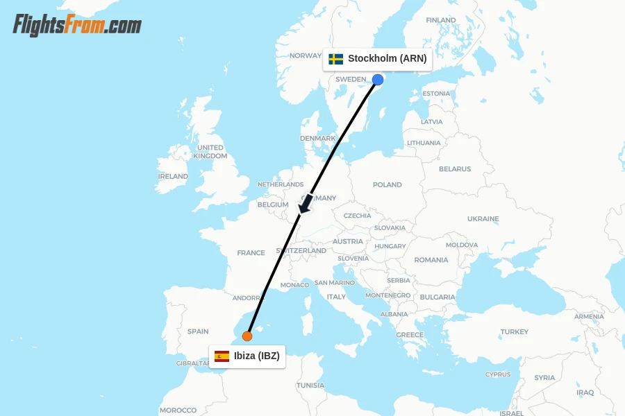 Flights from Stockholm to Ibiza route map