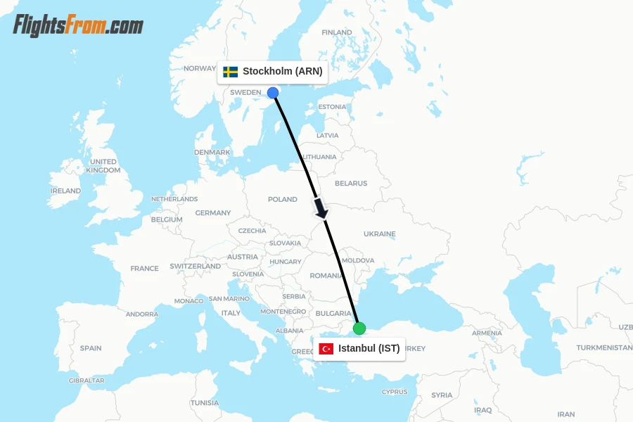 Flights from Stockholm to Istanbul route map