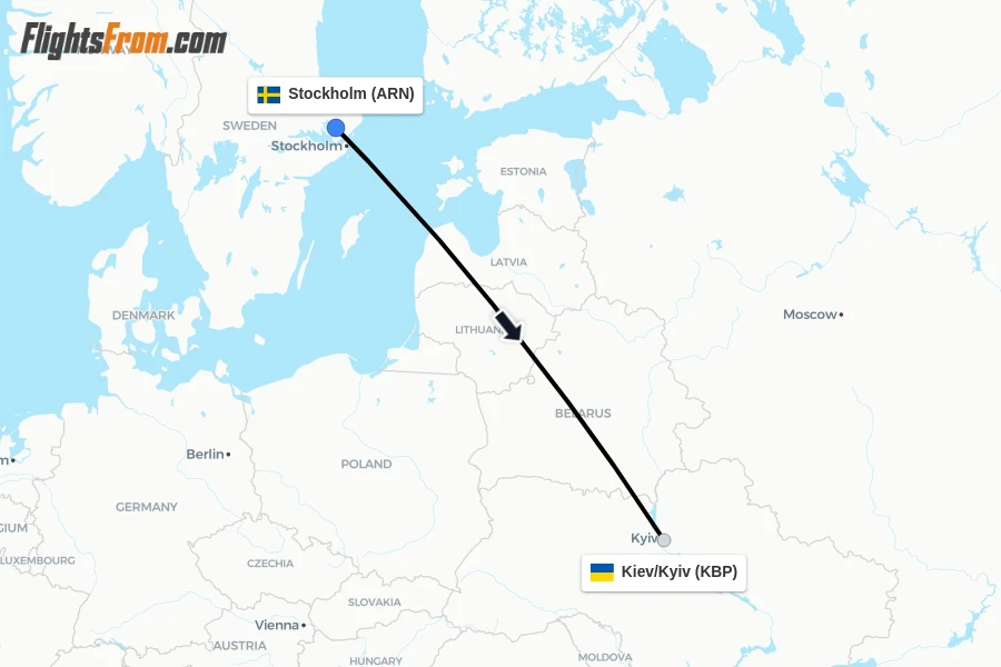 Flights from Stockholm to Kiev/Kyiv route map
