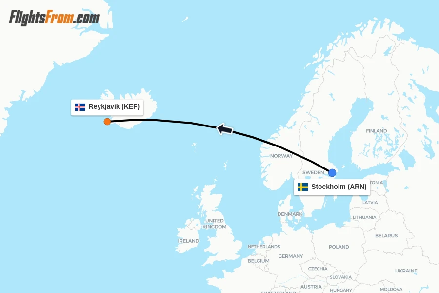 Flights from Stockholm to Reykjavik route map