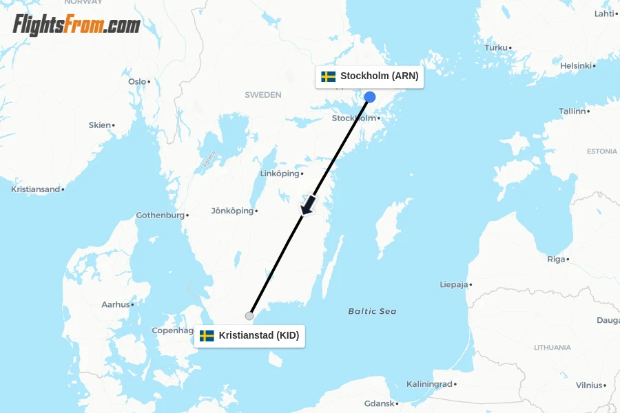 Flights from Stockholm to Kristianstad route map