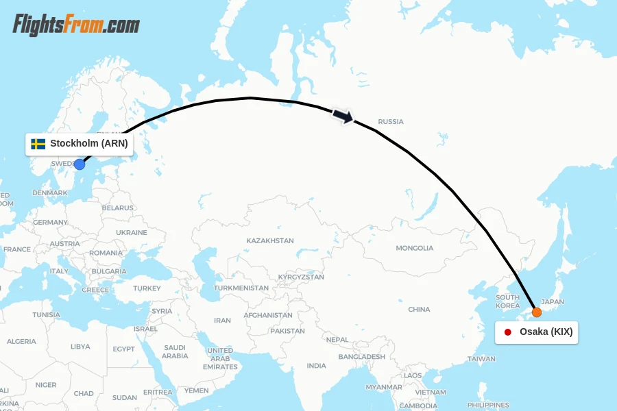 Flights from Stockholm to Osaka route map