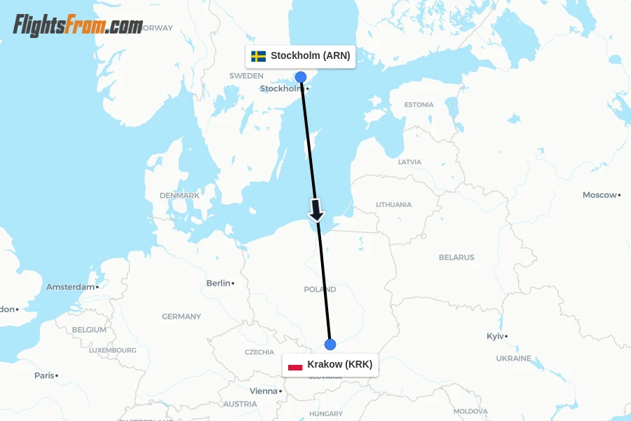 Flights from Stockholm to Krakow route map