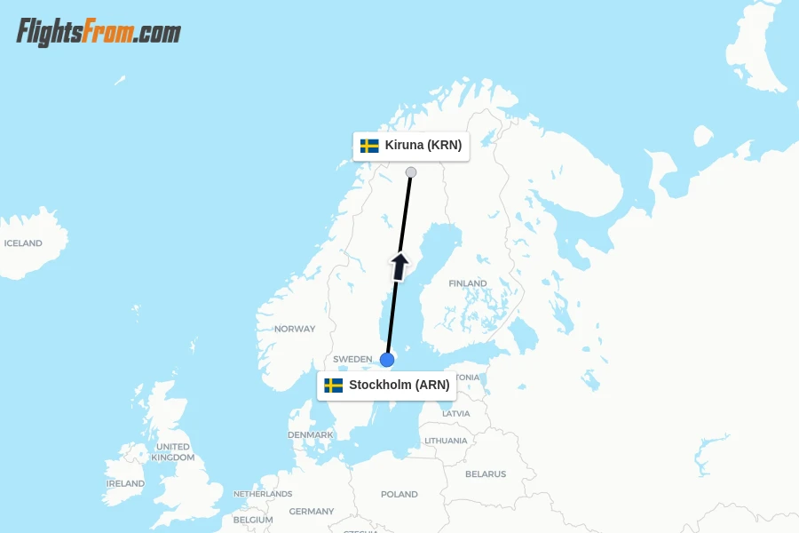 Flights from Stockholm to Kiruna route map