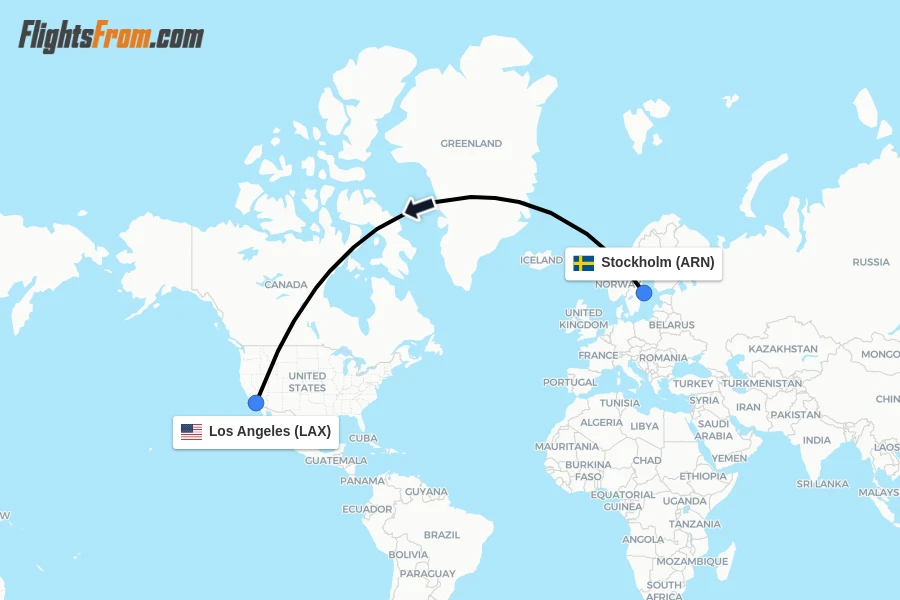 Flights from Stockholm to Los Angeles route map