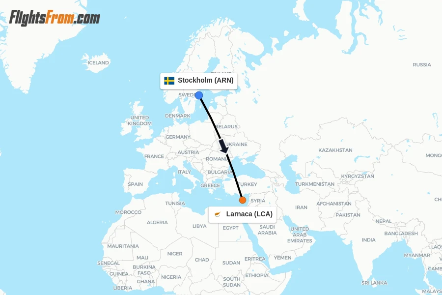 Flights from Stockholm to Larnaca route map