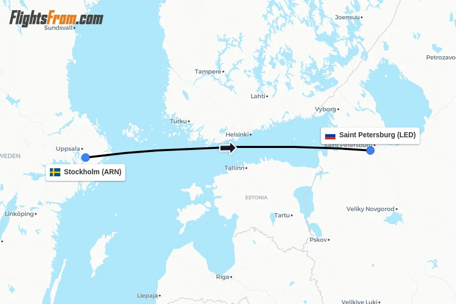 Flights from Stockholm to Saint Petersburg route map