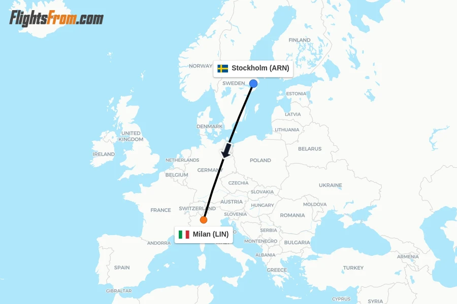 Flights from Stockholm to Milan route map