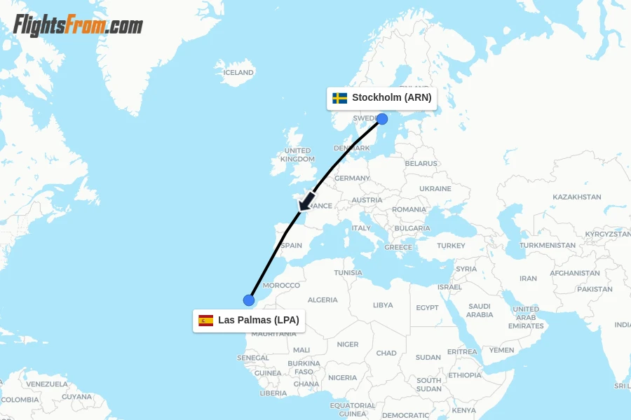 Flights from Stockholm to Las Palmas route map