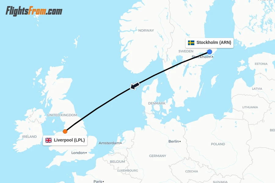 Flights from Stockholm to Liverpool route map