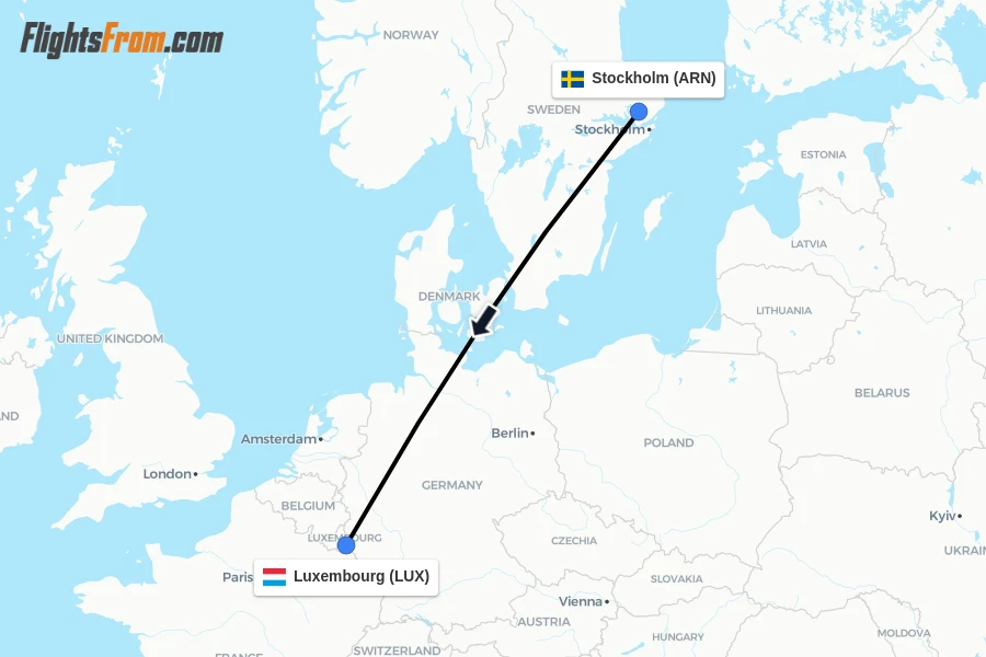 Flights from Stockholm to Luxembourg route map