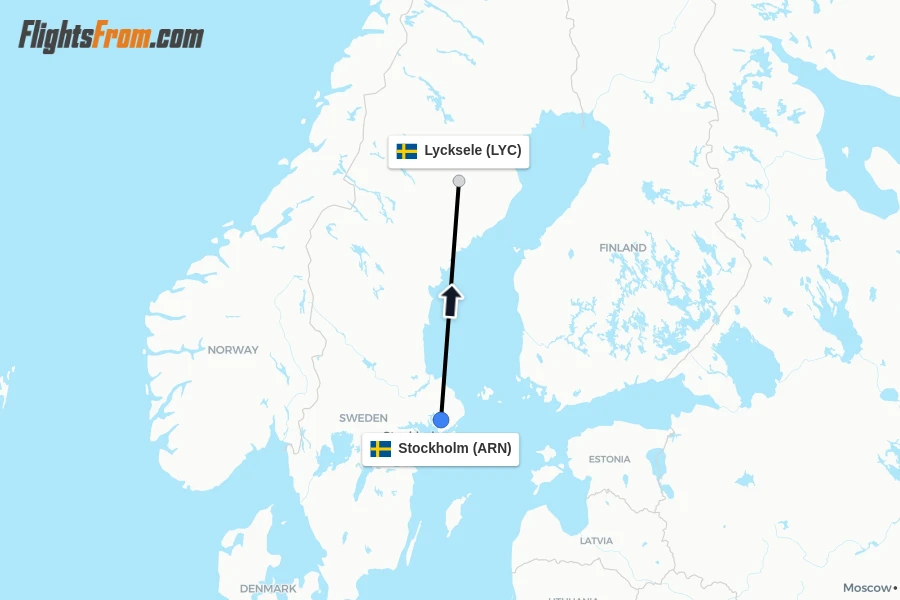 Flights from Stockholm to Lycksele route map