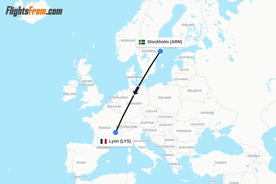 Flights from Stockholm to Lyon route map