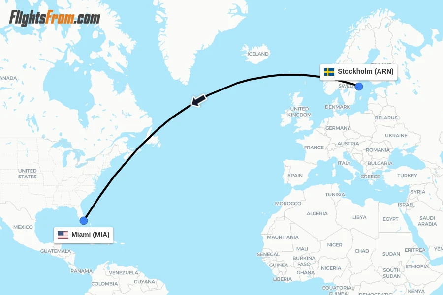 Flights from Stockholm to Miami route map