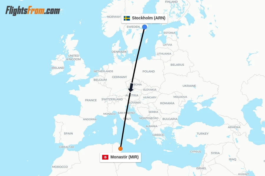 Flights from Stockholm to Monastir route map