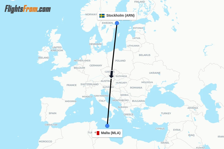Flights from Stockholm to Malta route map