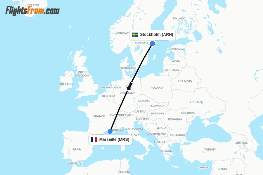 Flights from Stockholm to Marseille route map