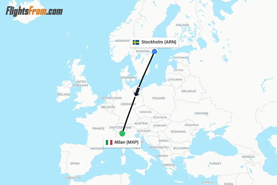 Flights from Stockholm to Milan route map