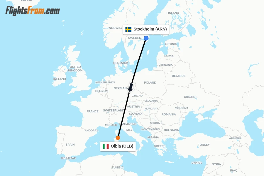 Flights from Stockholm to Olbia route map