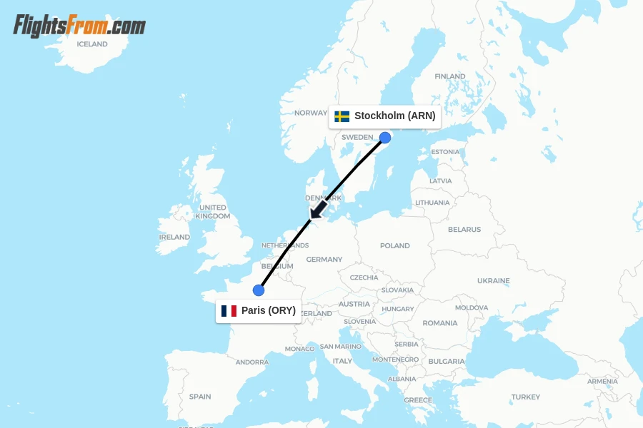 Flights from Stockholm to Paris route map