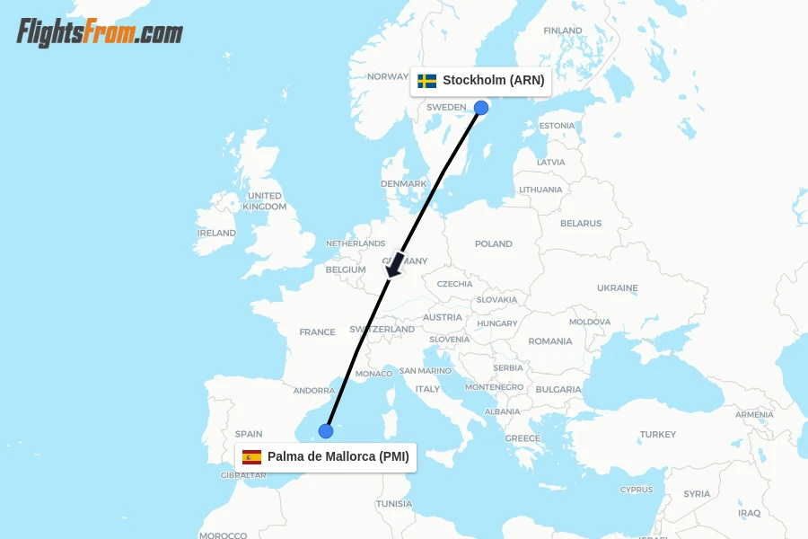 Flights from Stockholm to Palma de Mallorca route map
