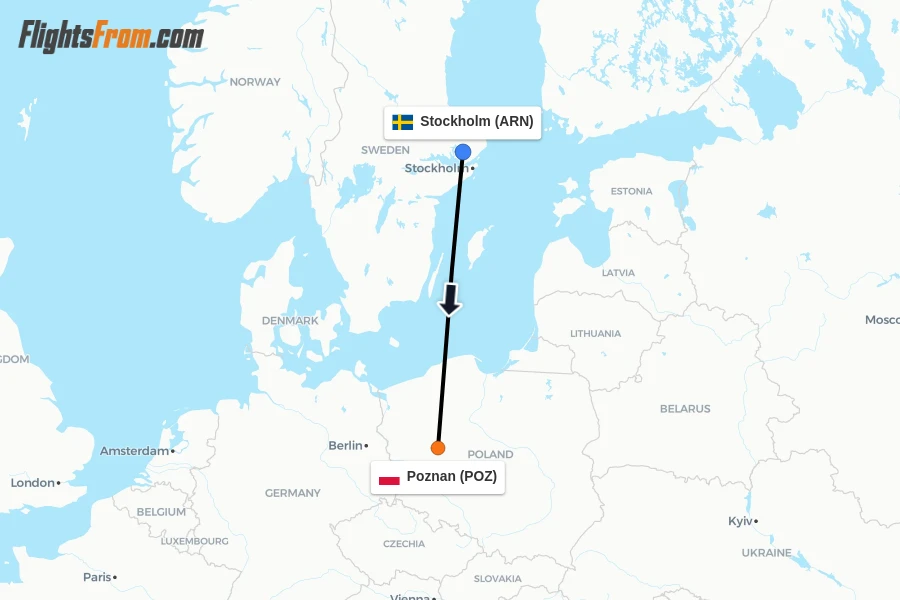 Flights from Stockholm to Poznan route map