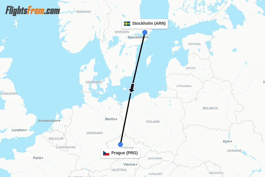 Flights from Stockholm to Prague route map