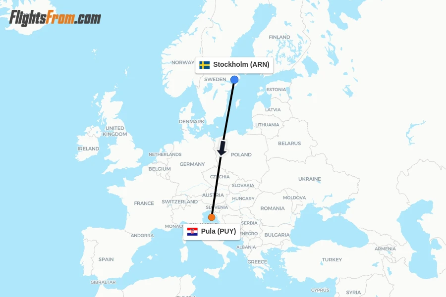 Flights from Stockholm to Pula route map