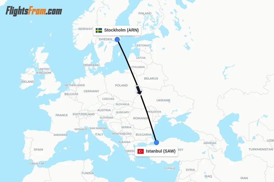 Flights from Stockholm to Istanbul route map
