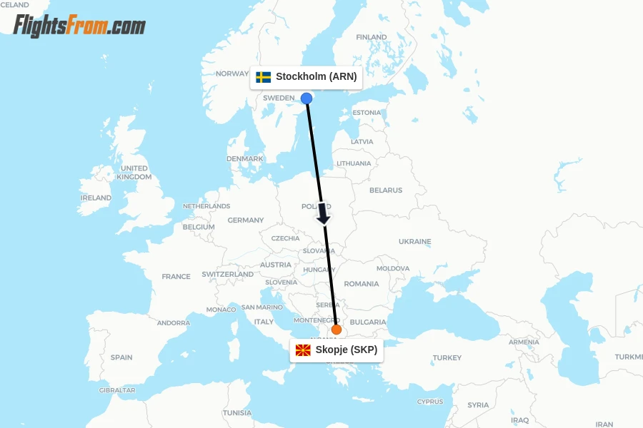 Flights from Stockholm to Skopje route map