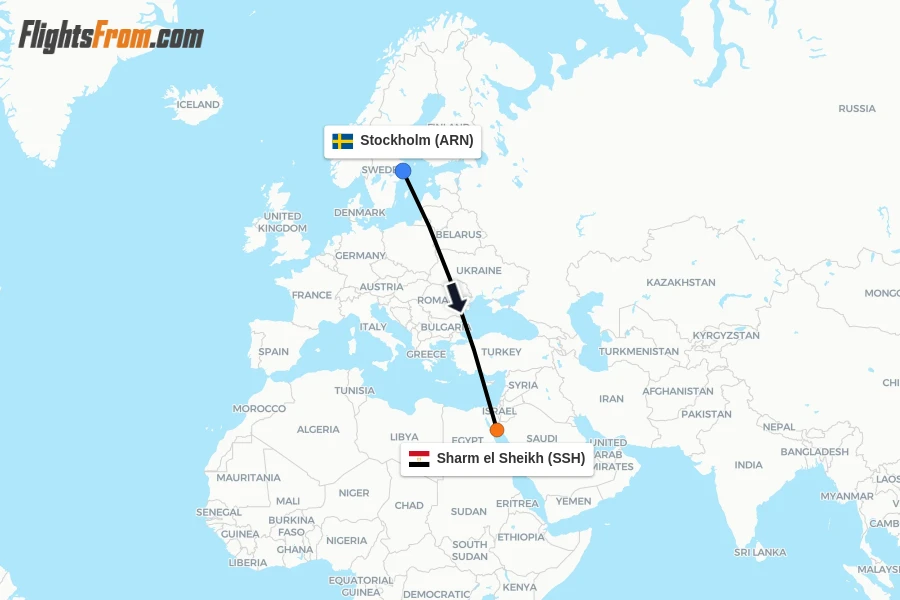 Flights from Stockholm to Sharm el Sheikh route map
