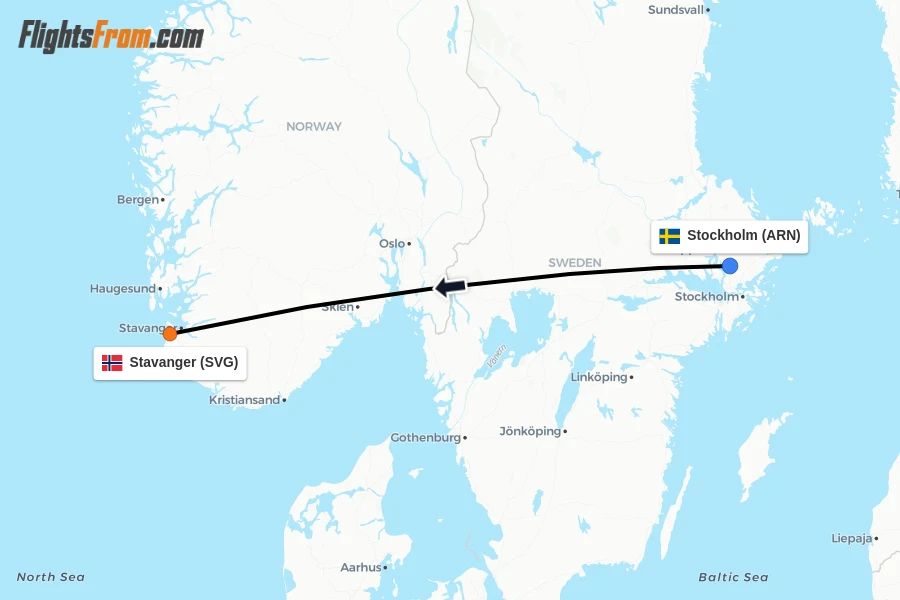 Flights from Stockholm to Stavanger route map
