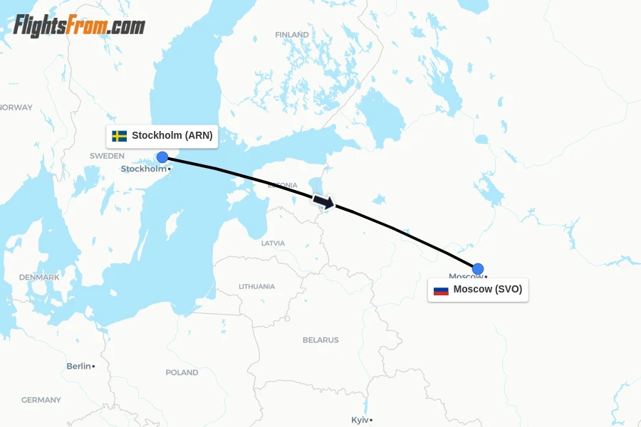 Flights from Stockholm to Moscow route map