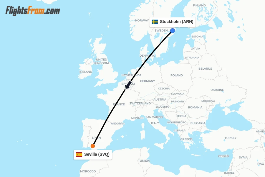 Flights from Stockholm to Sevilla route map