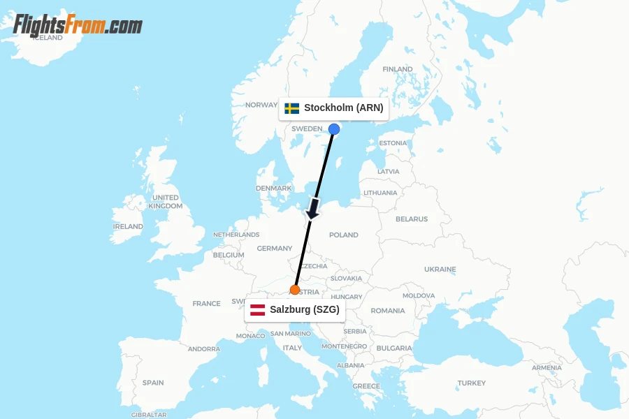 Flights from Stockholm to Salzburg route map