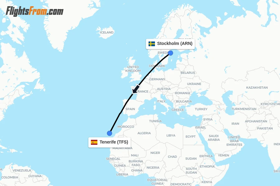 Flights from Stockholm to Tenerife route map