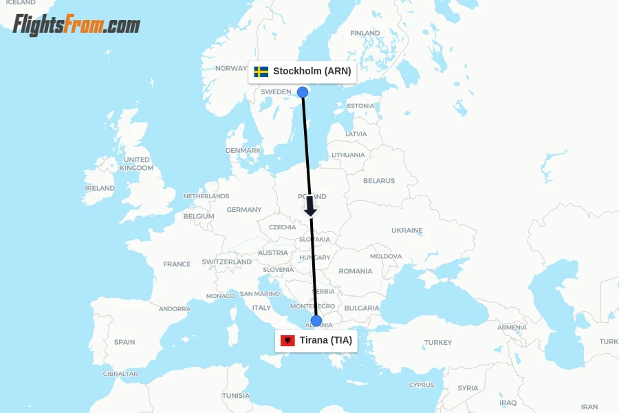 Flights from Stockholm to Tirana route map