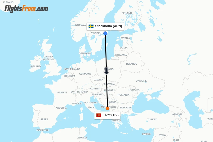 Flights from Stockholm to Tivat route map