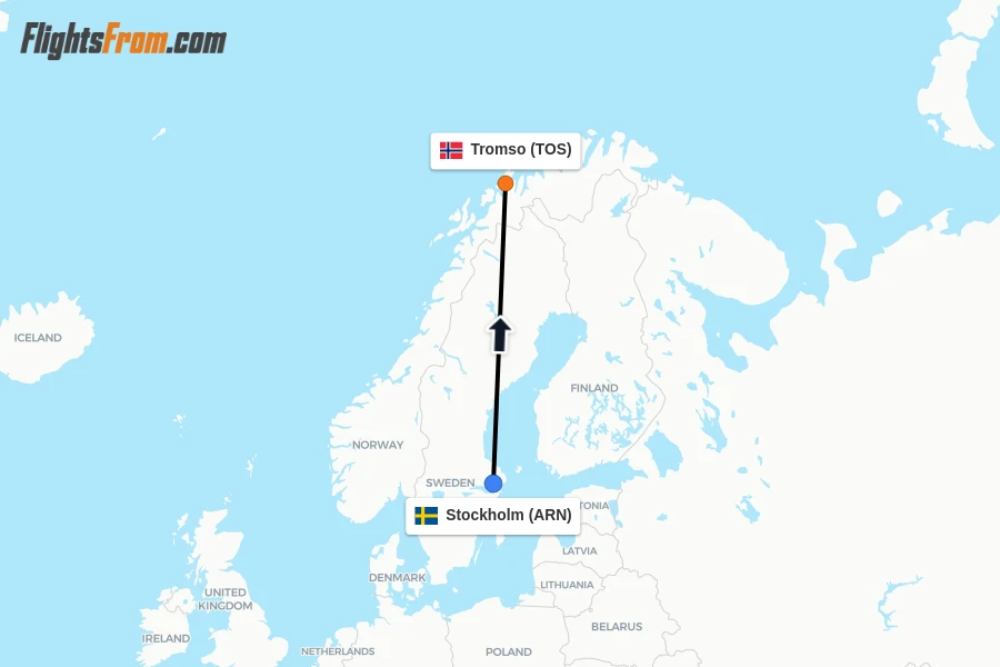 Flights from Stockholm to Tromso route map