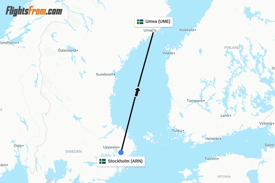 Flights from Stockholm to Umea route map