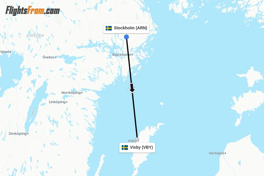 Flights from Stockholm to Visby route map