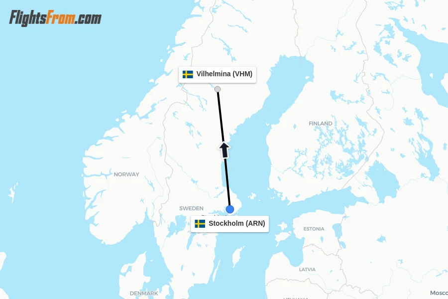 Flights from Stockholm to Vilhelmina route map