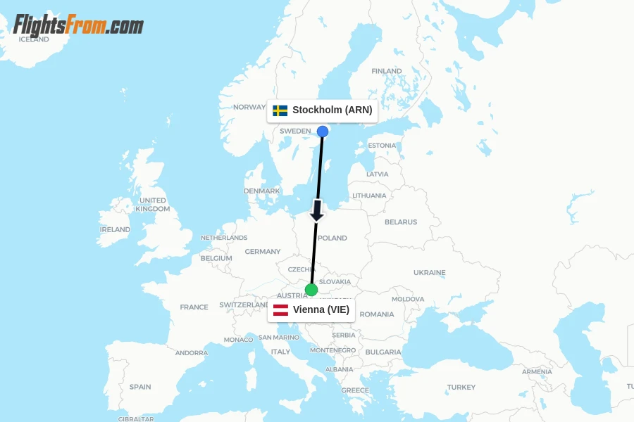 Flights from Stockholm to Vienna route map