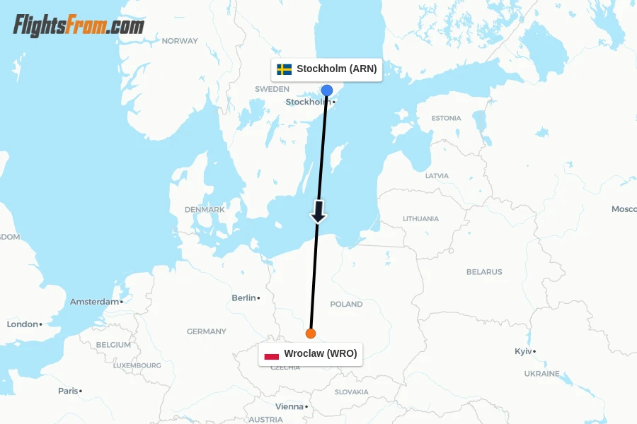 Flights from Stockholm to Wroclaw route map