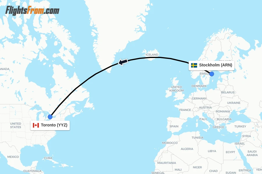 Flights from Stockholm to Toronto route map