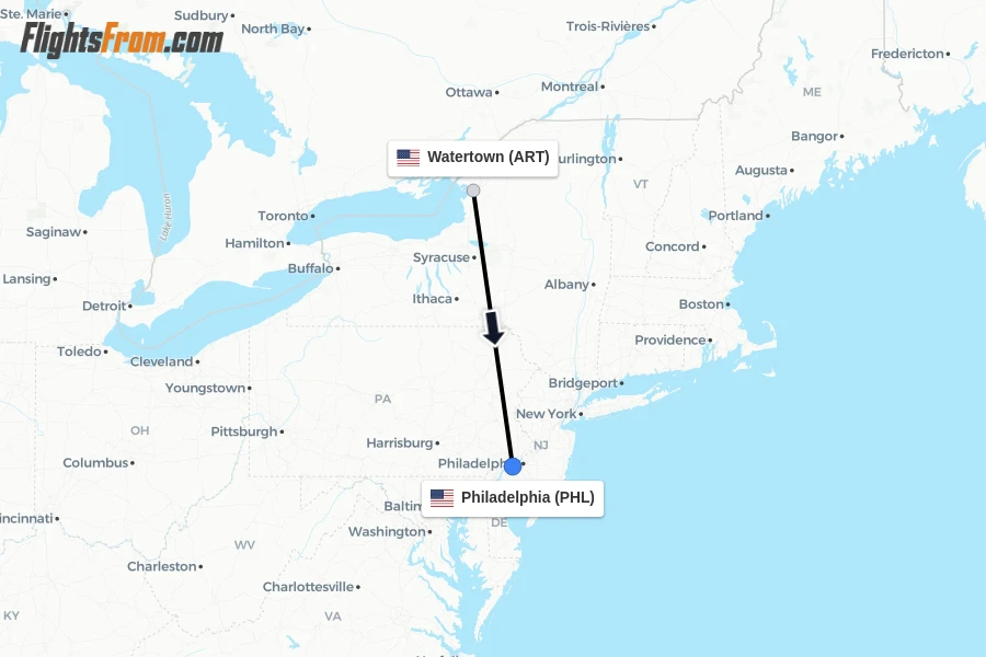 Flights from Watertown to Philadelphia route map